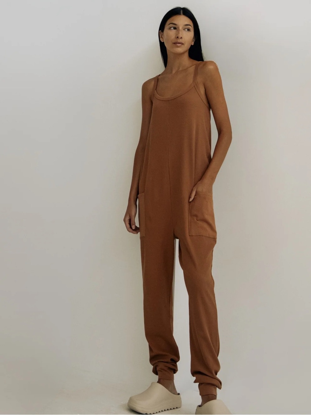 Paper Label Nicola Playsuit Relaxed Ribbed Knit Jumpsuit in Timber Tan